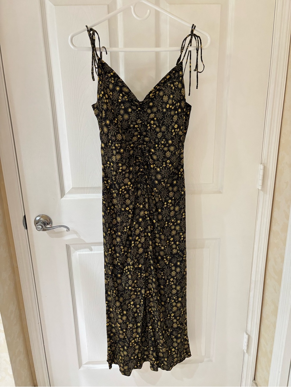 Sandro Black Slip Midi Dress with Gold Floral Print